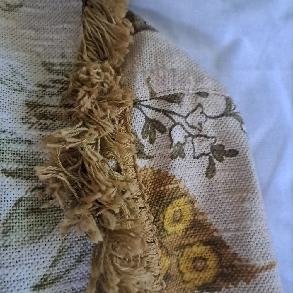 30x30 Heavy Fringed Floral Table Cover 70s Gold Green Brown Retro Vintage